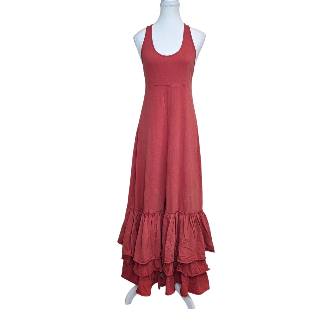 Free People FP Beach Womens Coral Ruffle Maxi Dress Sleeveless Cotton Medium‎